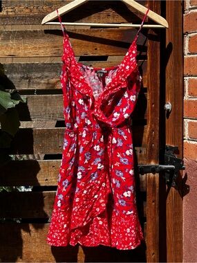 Express Red Floral V-Neck Spaghetti Strap Sundress